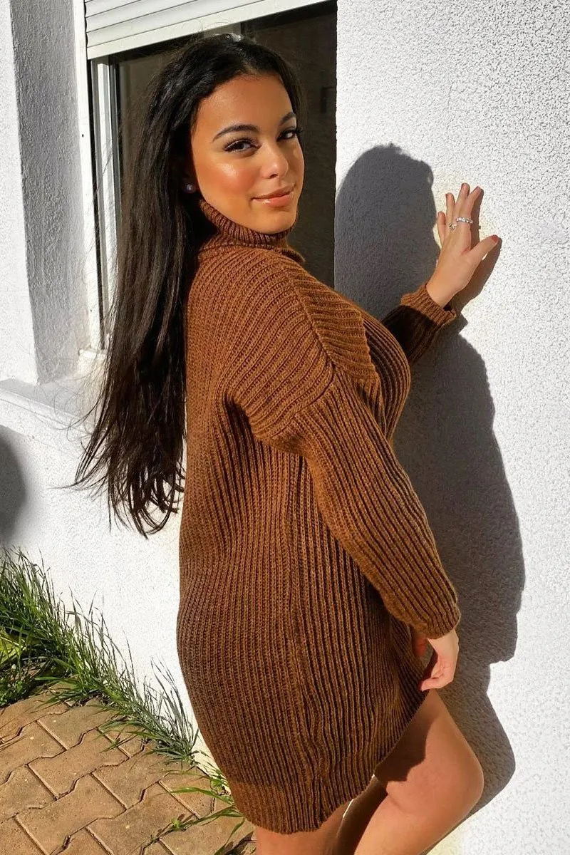 Brown Roll Neck Mini Jumper Dress - Dariyana