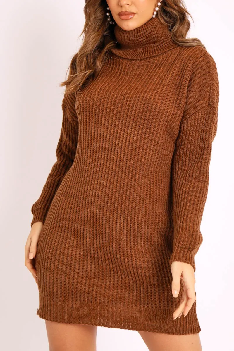 Brown Roll Neck Mini Jumper Dress - Dariyana