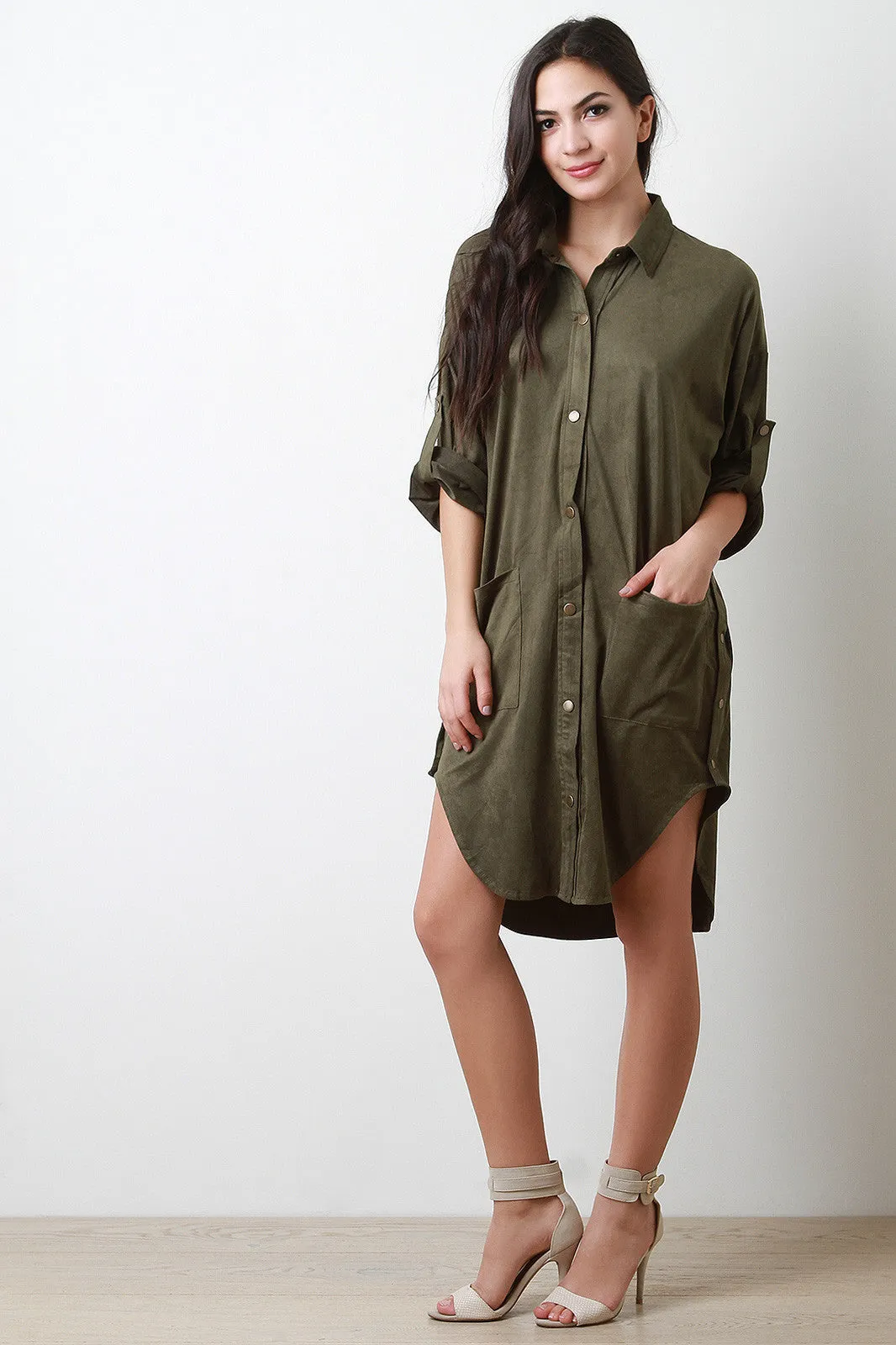 Button Up Vegan Suede Pocket Shirt Dress