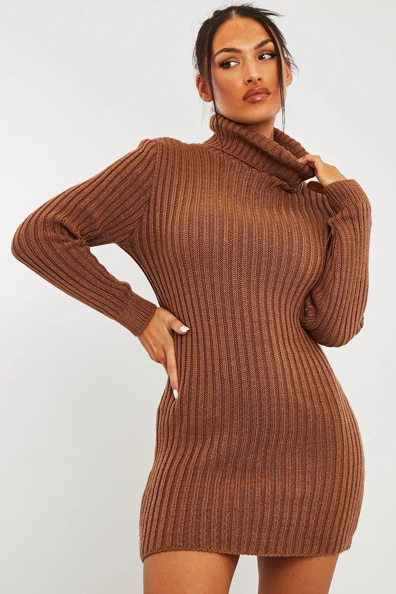 Camel Roll Neck Knit Mini Dress - Franceska