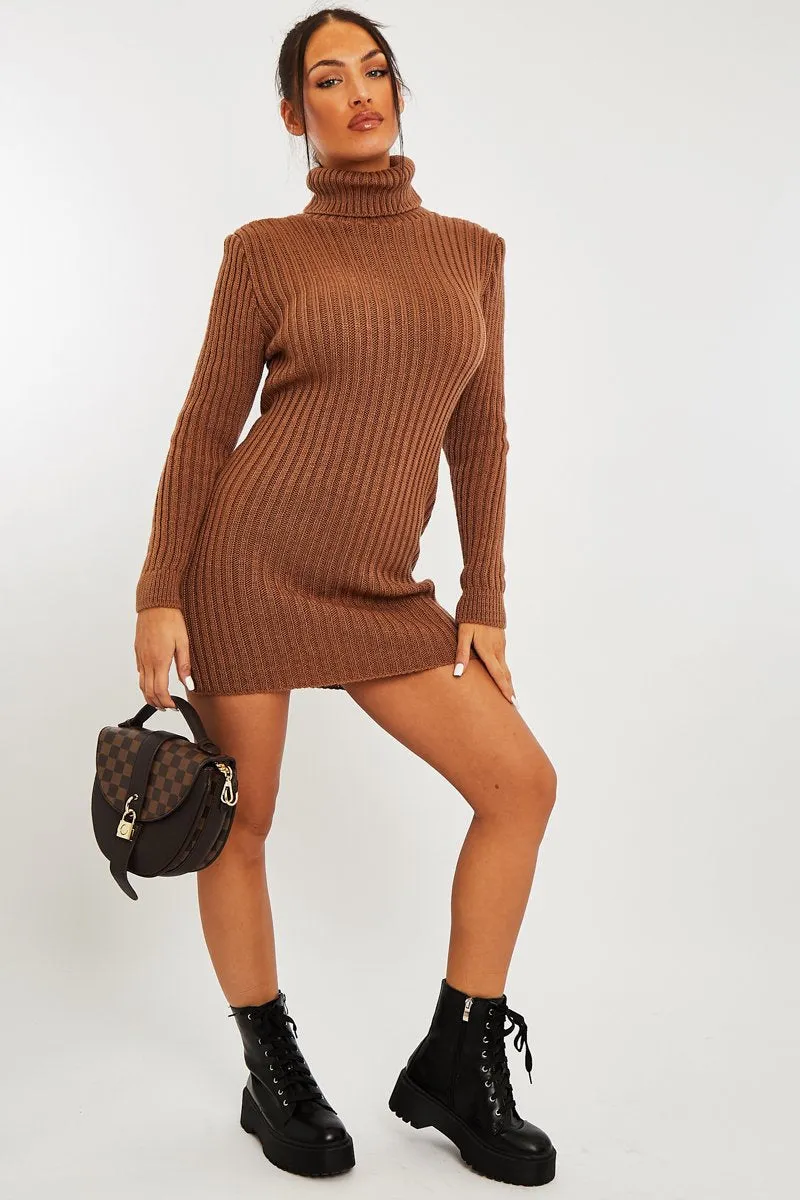 Camel Roll Neck Knit Mini Dress - Franceska