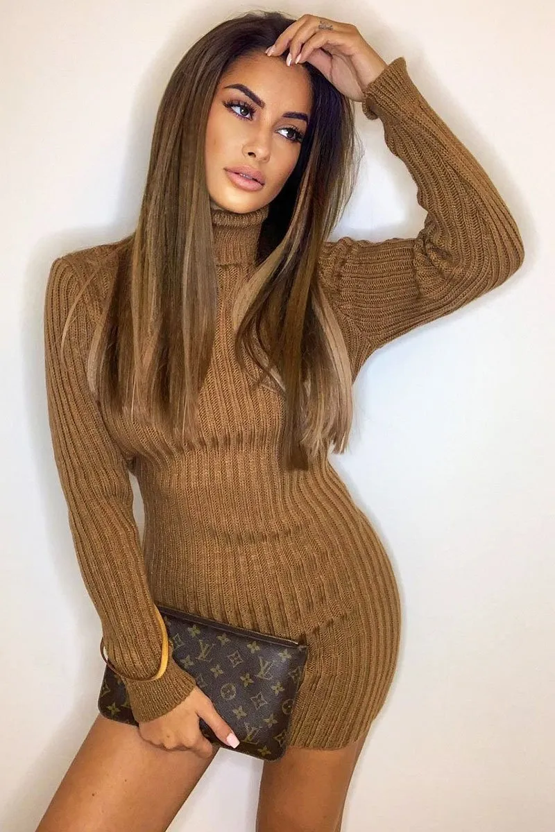 Camel Roll Neck Knit Mini Dress - Franceska