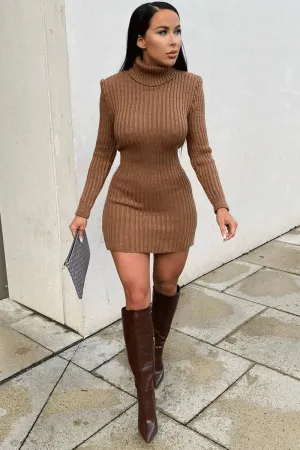 Camel Roll Neck Knit Mini Dress - Franceska