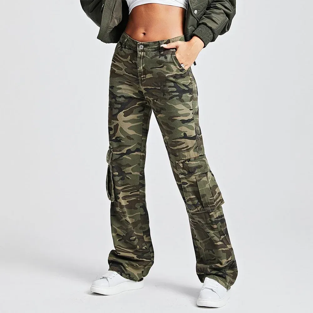 Camouflage Denim Trousers For Women High Waist Patchwork Button Temperament Safari Style Cargo Pants Female