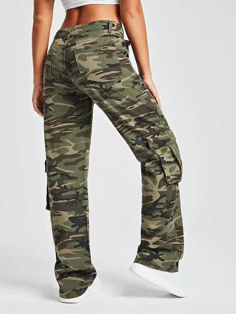 Camouflage Denim Trousers For Women High Waist Patchwork Button Temperament Safari Style Cargo Pants Female