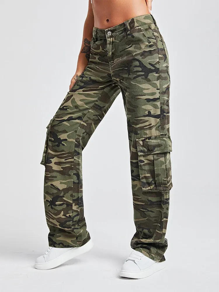 Camouflage Denim Trousers For Women High Waist Patchwork Button Temperament Safari Style Cargo Pants Female