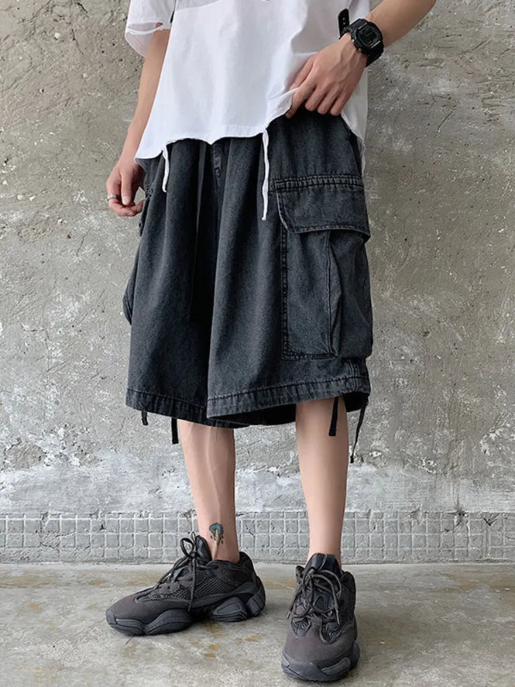 Cargo Denim Shorts Men's Summer Outer Wear Loose Straight Cropped Pants Korean Trend Pants Hong Kong Style Short Casual Jeans