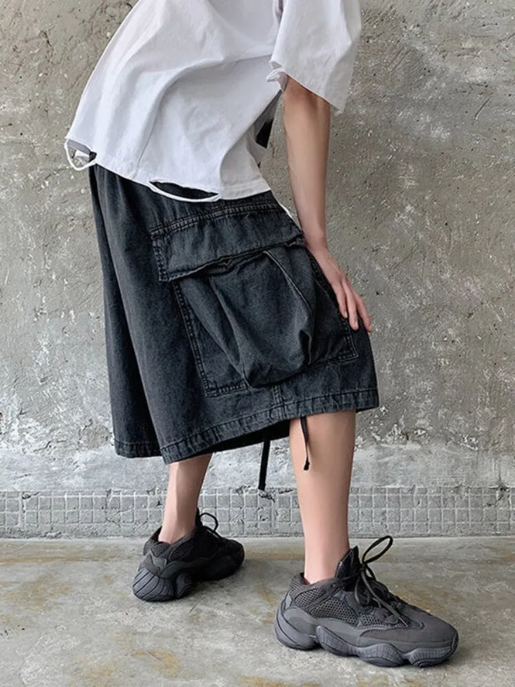 Cargo Denim Shorts Men's Summer Outer Wear Loose Straight Cropped Pants Korean Trend Pants Hong Kong Style Short Casual Jeans