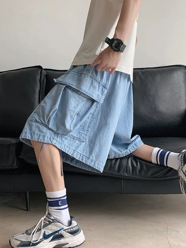 Cargo Denim Shorts Men's Summer Outer Wear Loose Straight Cropped Pants Korean Trend Pants Hong Kong Style Short Casual Jeans