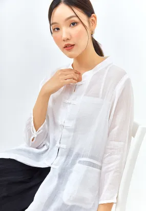 Chinese Button Long Top in White