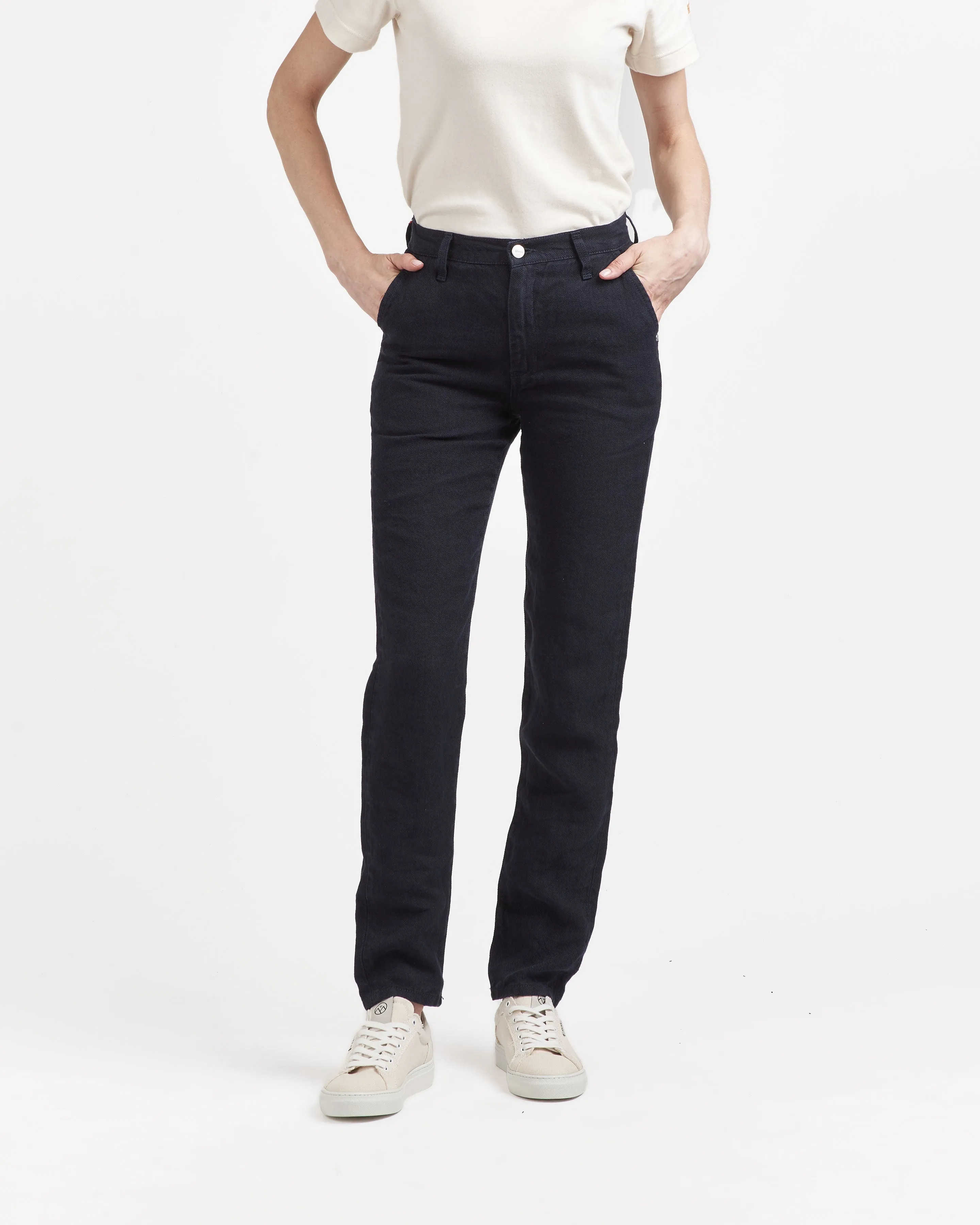 Chino femme droit ajusté taille haute en jean 100% Lin Français - Léonie