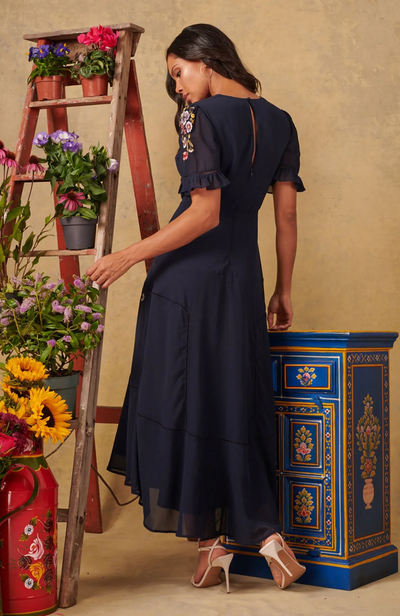 Claudine V Neck Button Front Maxi (Navy)