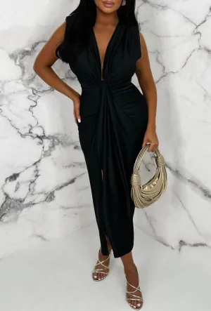 Cocktail Hour Black Stretch Sleeveless Plunge Ruched Midi Dress