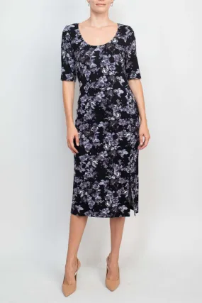 Connected Apparel Scoop Neck 3/4 Sleeve Slit Side Floral Print Knit Dress