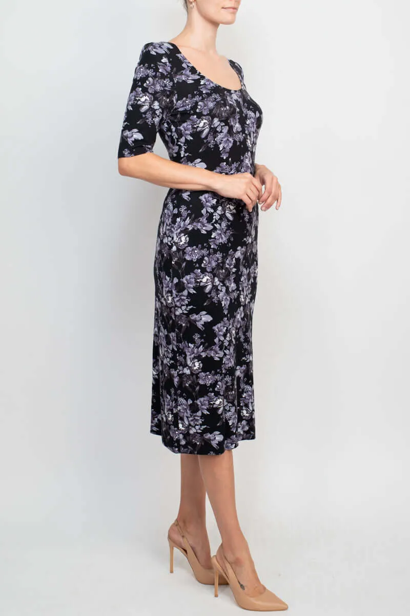 Connected Apparel Scoop Neck 3/4 Sleeve Slit Side Floral Print Knit Dress