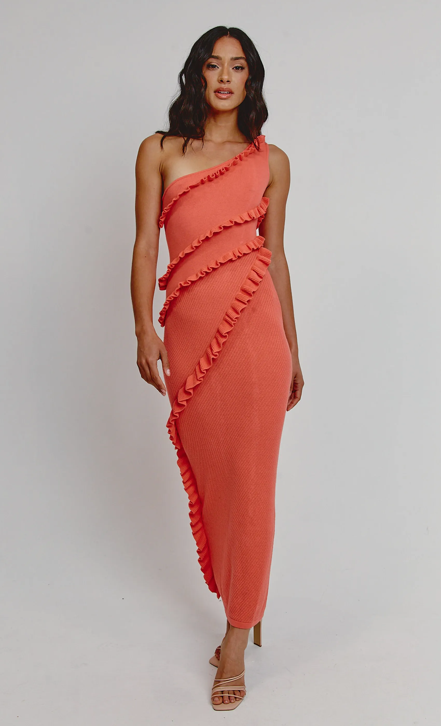 Coral Asymmetric Ruffle Knit Maxi Dress