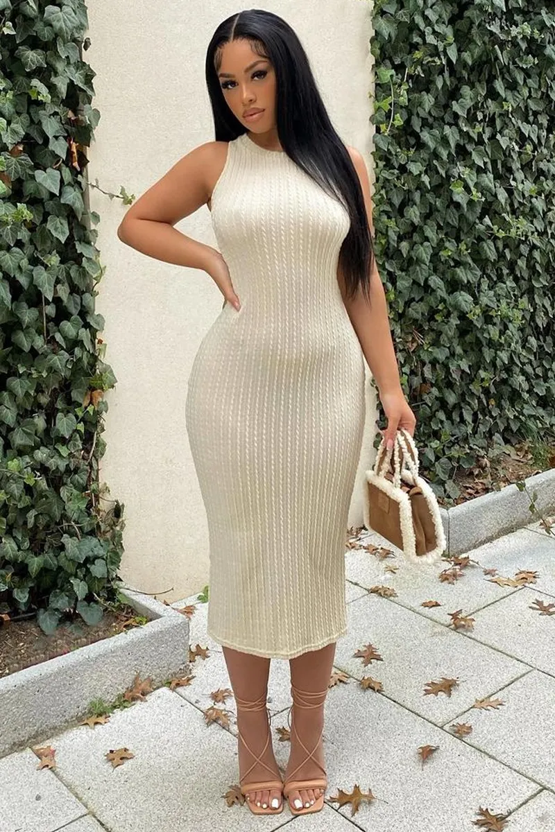 Cream Light Knit Midi Dress - Leeza