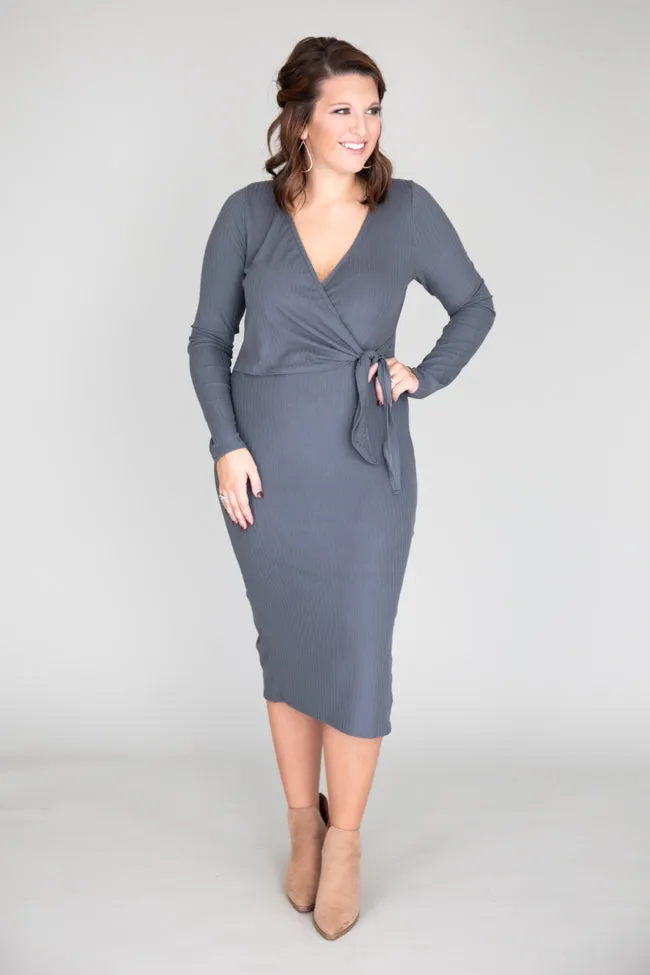 Daring Heart Ribbed Midi Grey Dress FINAL SALE