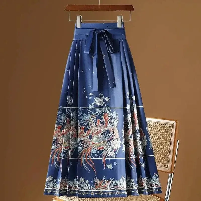 Elegant Chinese Style Pleated Maxi Skirt with Horse Face Print