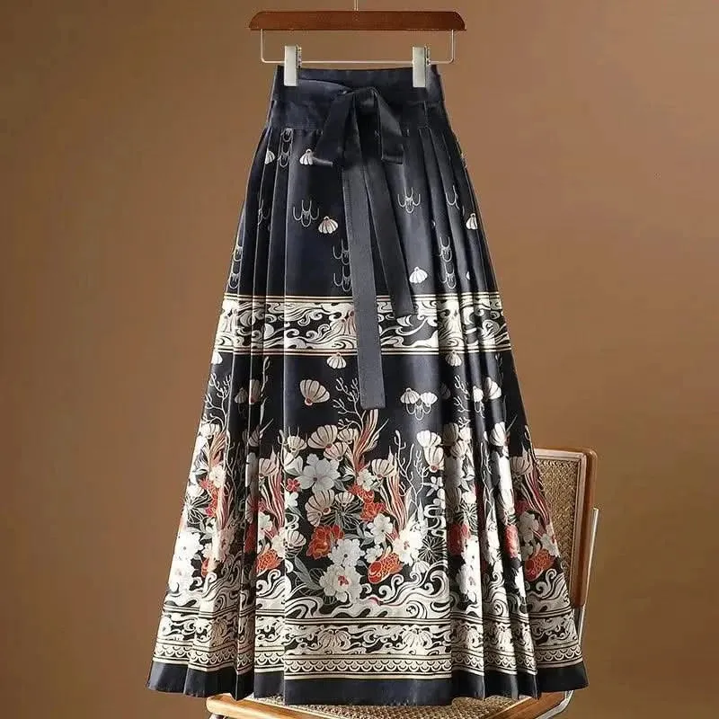 Elegant Chinese Style Pleated Maxi Skirt with Horse Face Print