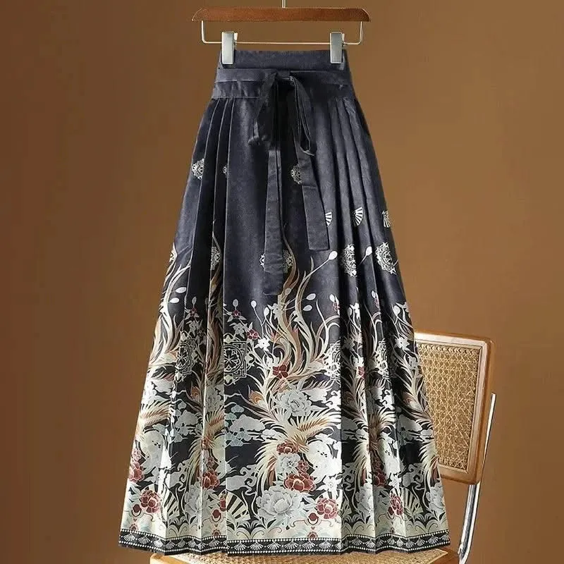 Elegant Chinese Style Pleated Maxi Skirt with Horse Face Print