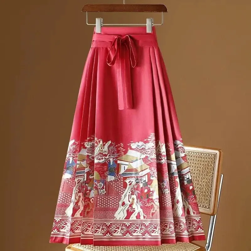 Elegant Chinese Style Pleated Maxi Skirt with Horse Face Print