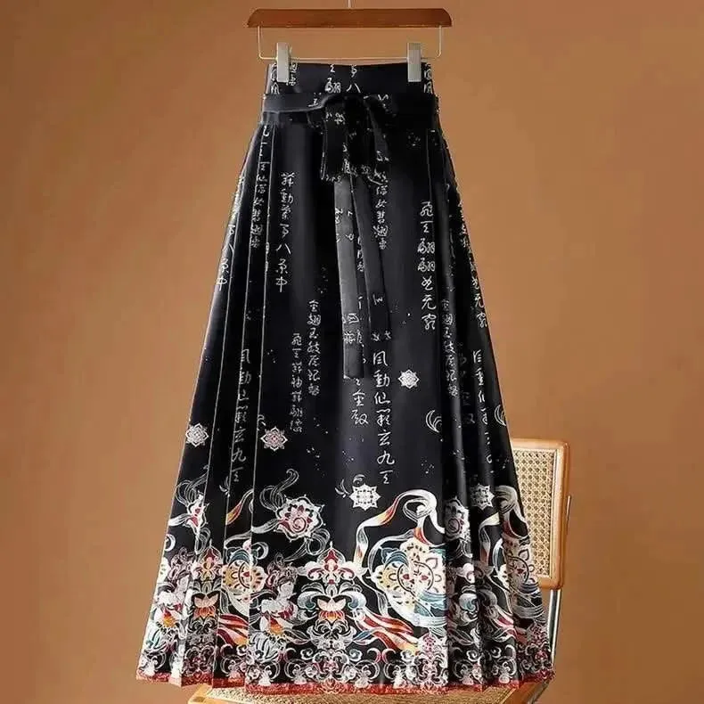 Elegant Chinese Style Pleated Maxi Skirt with Horse Face Print