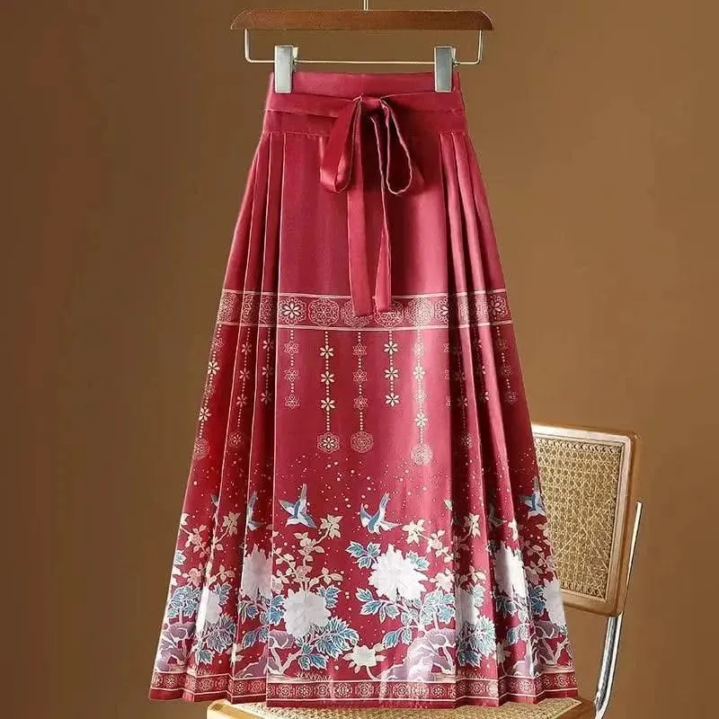 Elegant Chinese Style Pleated Maxi Skirt with Horse Face Print