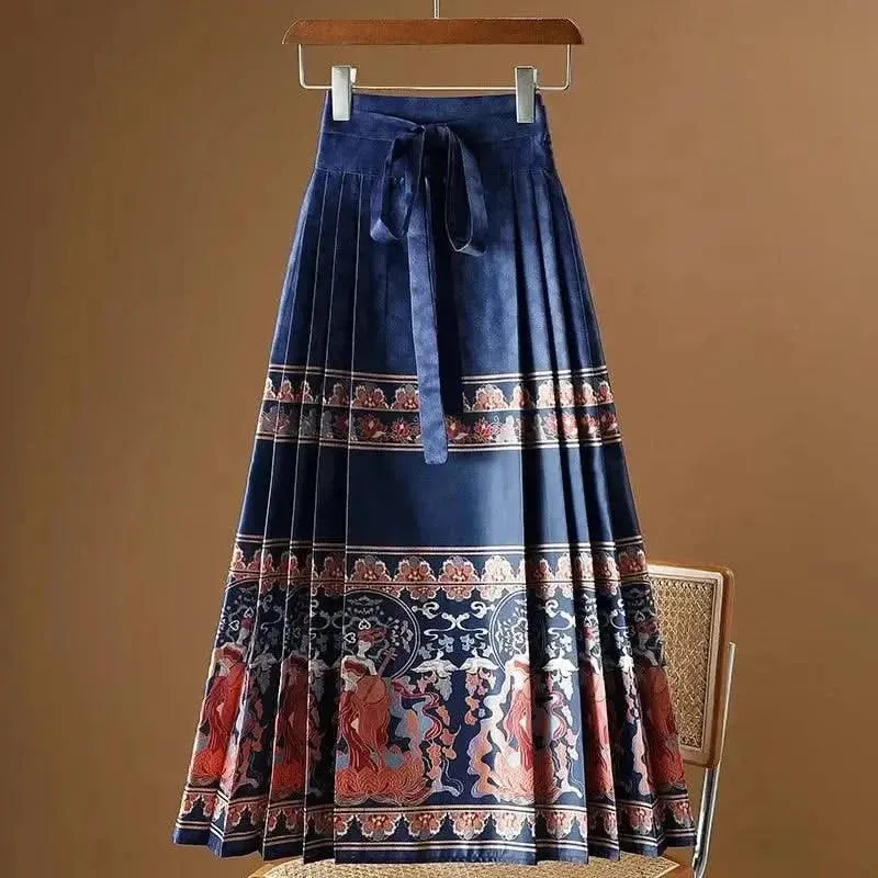 Elegant Chinese Style Pleated Maxi Skirt with Horse Face Print