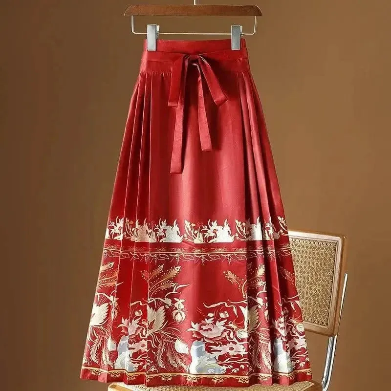 Elegant Chinese Style Pleated Maxi Skirt with Horse Face Print