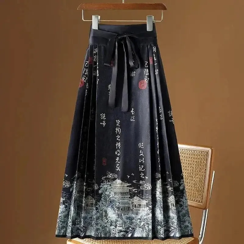 Elegant Chinese Style Pleated Maxi Skirt with Horse Face Print