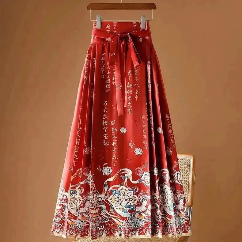 Elegant Chinese Style Pleated Maxi Skirt with Horse Face Print