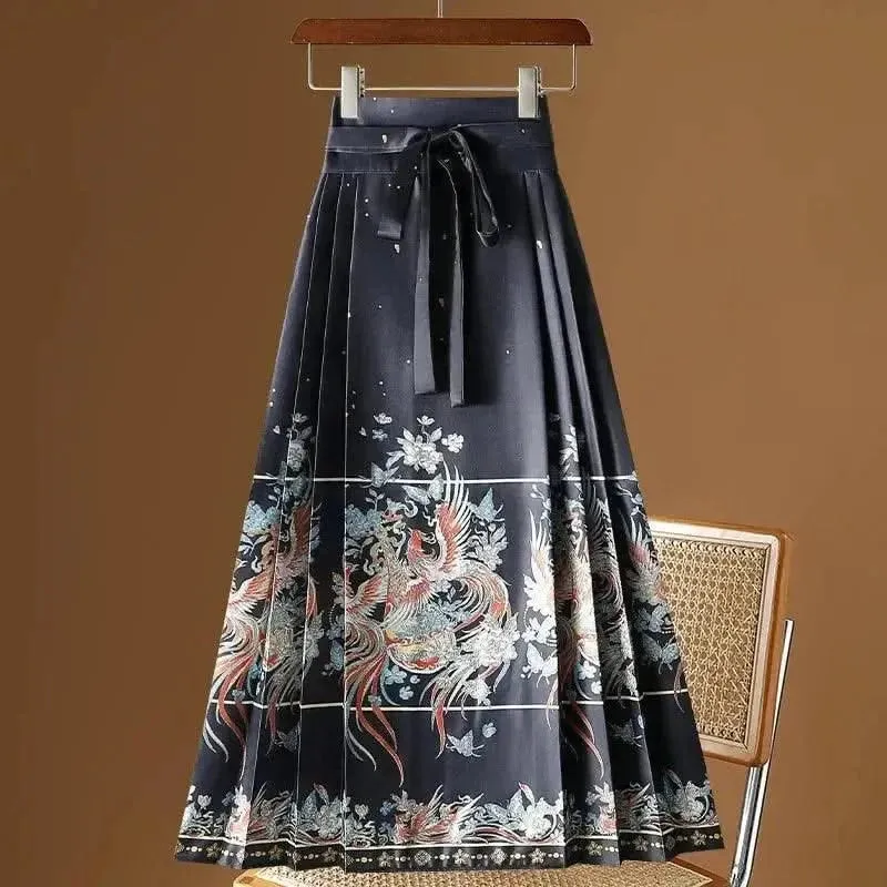 Elegant Chinese Style Pleated Maxi Skirt with Horse Face Print