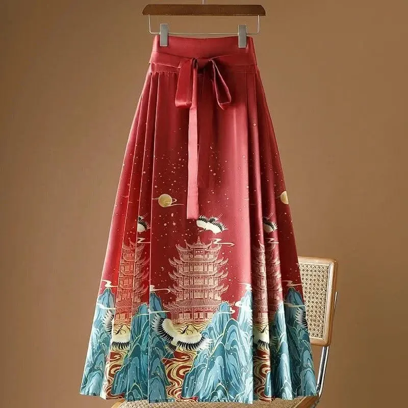 Elegant Chinese Style Pleated Maxi Skirt with Horse Face Print