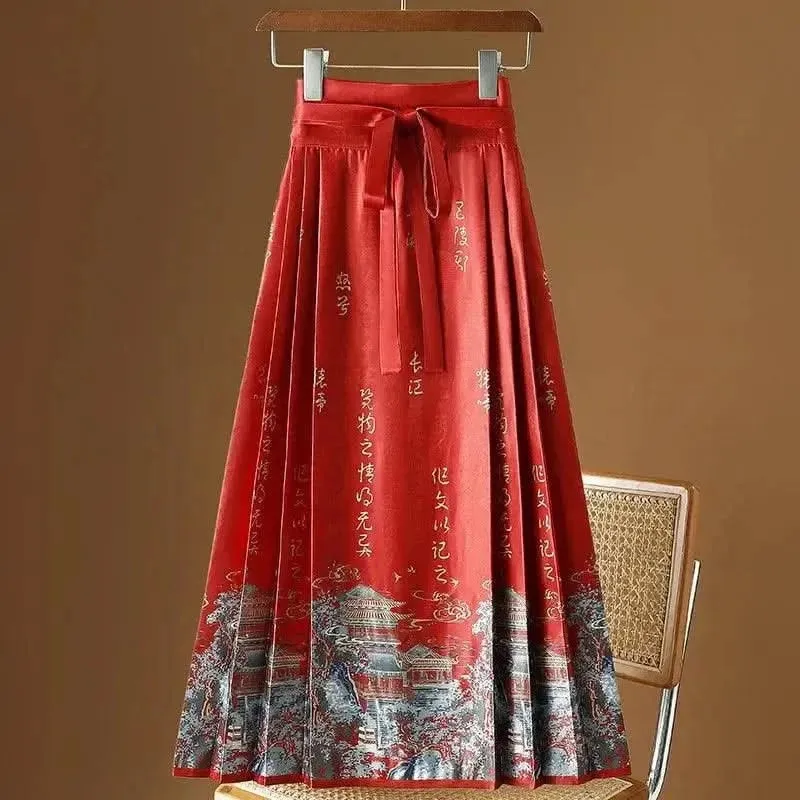 Elegant Chinese Style Pleated Maxi Skirt with Horse Face Print