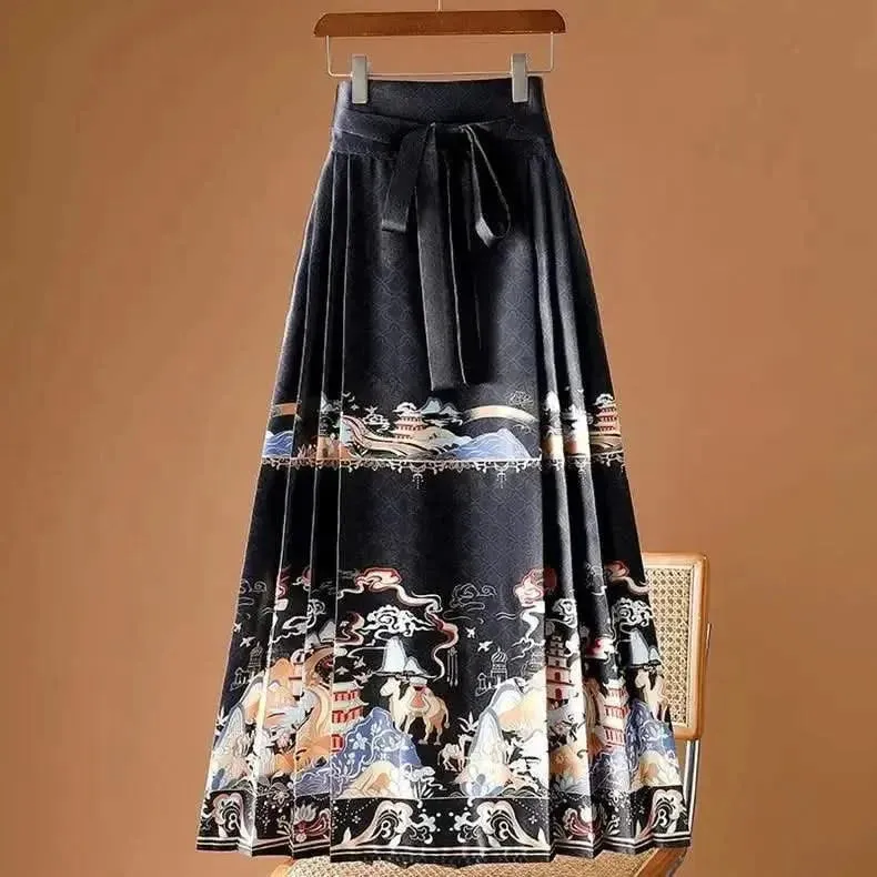 Elegant Chinese Style Pleated Maxi Skirt with Horse Face Print