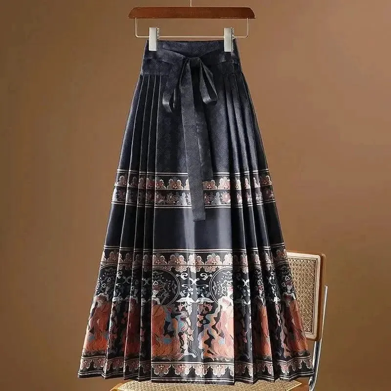 Elegant Chinese Style Pleated Maxi Skirt with Horse Face Print