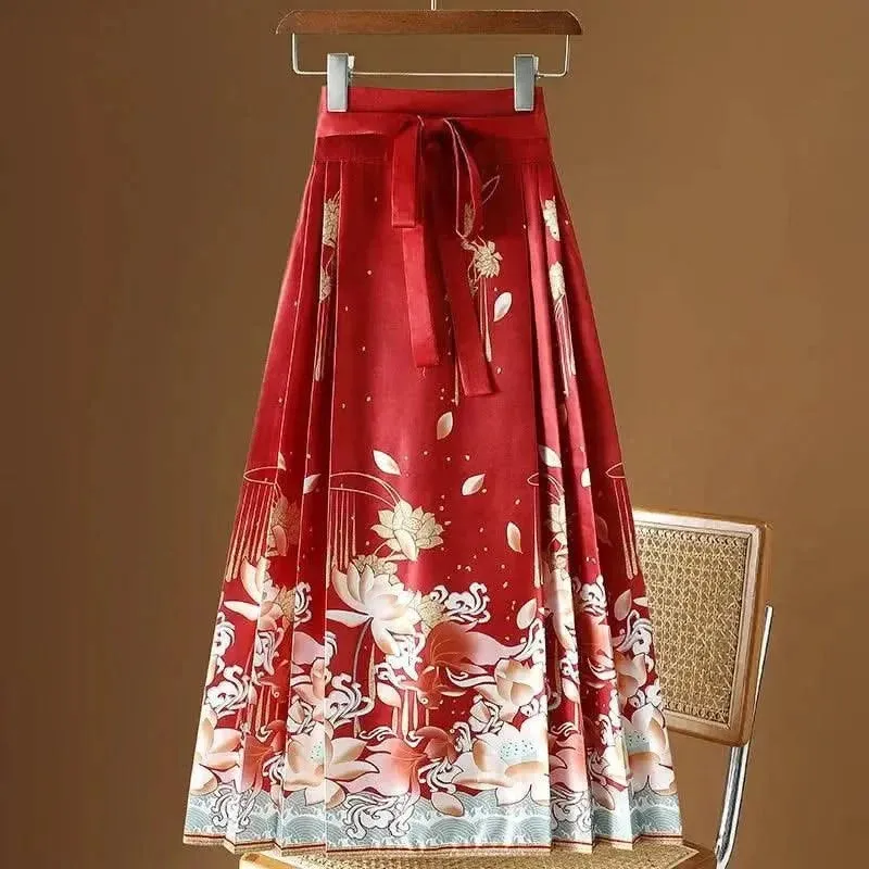 Elegant Chinese Style Pleated Maxi Skirt with Horse Face Print