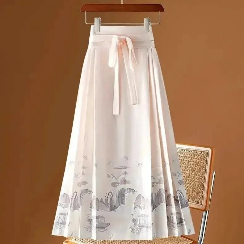 Elegant Chinese Style Pleated Maxi Skirt with Horse Face Print