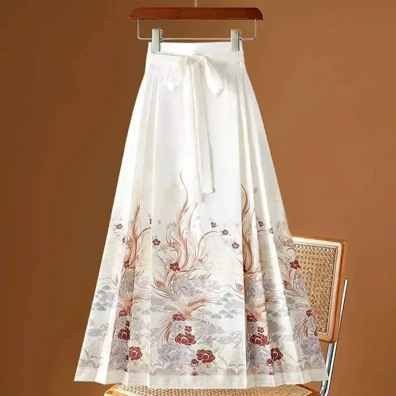 Elegant Chinese Style Pleated Maxi Skirt with Horse Face Print