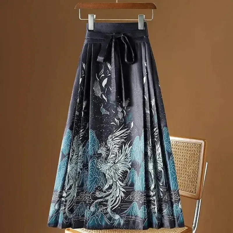 Elegant Chinese Style Pleated Maxi Skirt with Horse Face Print