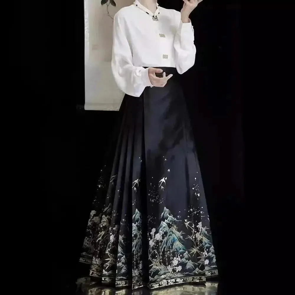 Elegant Chinese Style Pleated Maxi Skirt with Horse Face Print