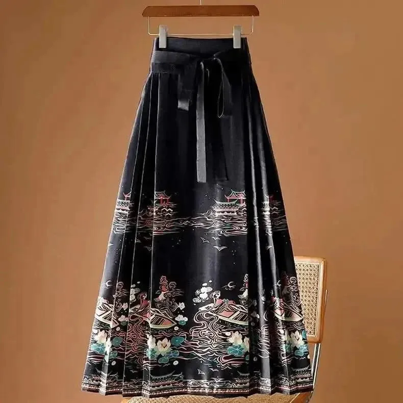 Elegant Chinese Style Pleated Maxi Skirt with Horse Face Print