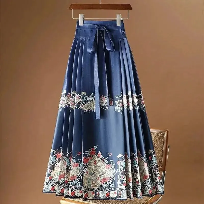 Elegant Chinese Style Pleated Maxi Skirt with Horse Face Print