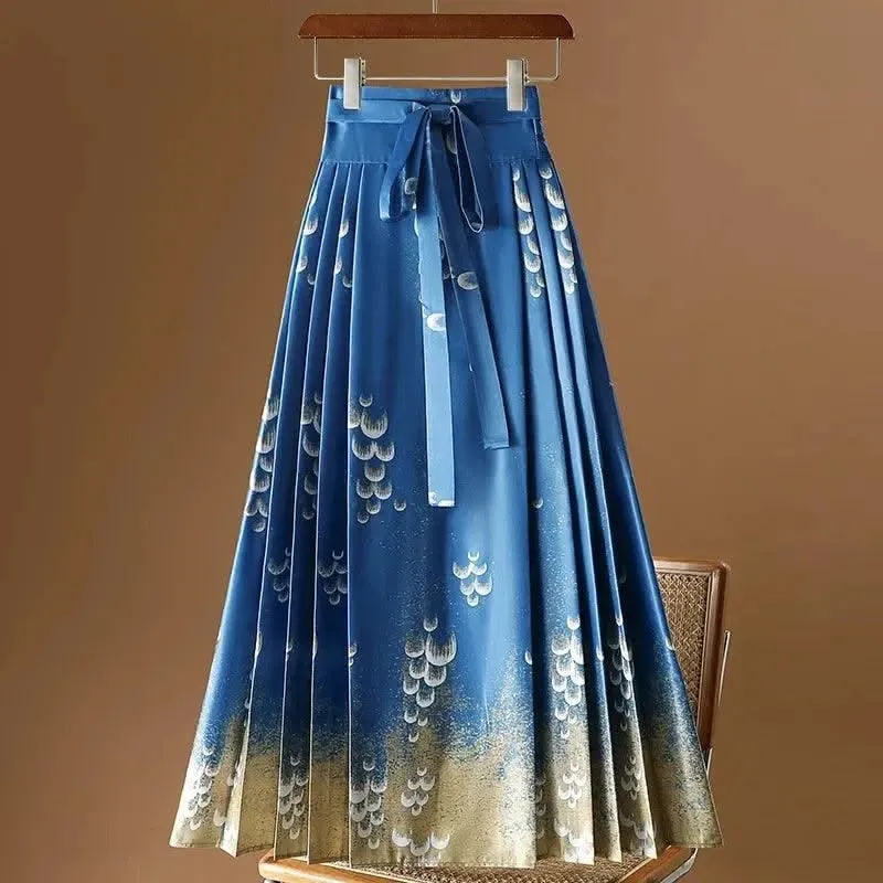 Elegant Chinese Style Pleated Maxi Skirt with Horse Face Print