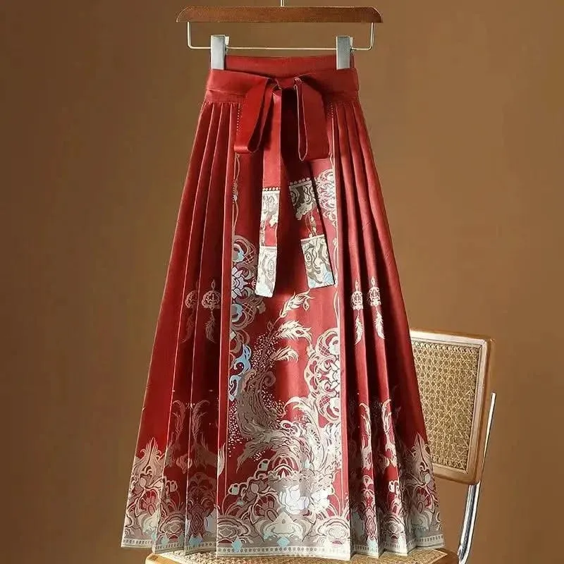 Elegant Chinese Style Pleated Maxi Skirt with Horse Face Print