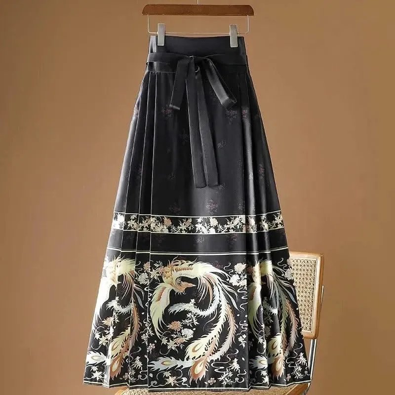 Elegant Chinese Style Pleated Maxi Skirt with Horse Face Print