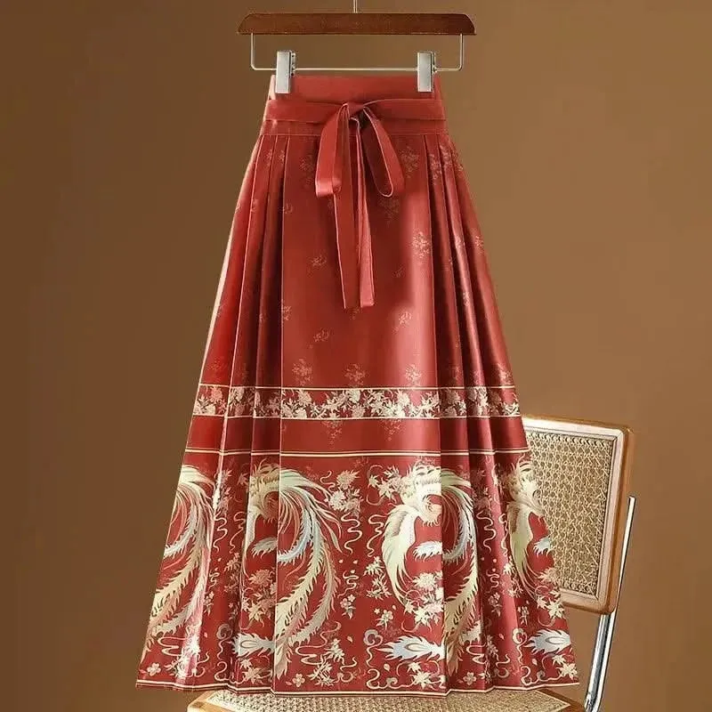 Elegant Chinese Style Pleated Maxi Skirt with Horse Face Print