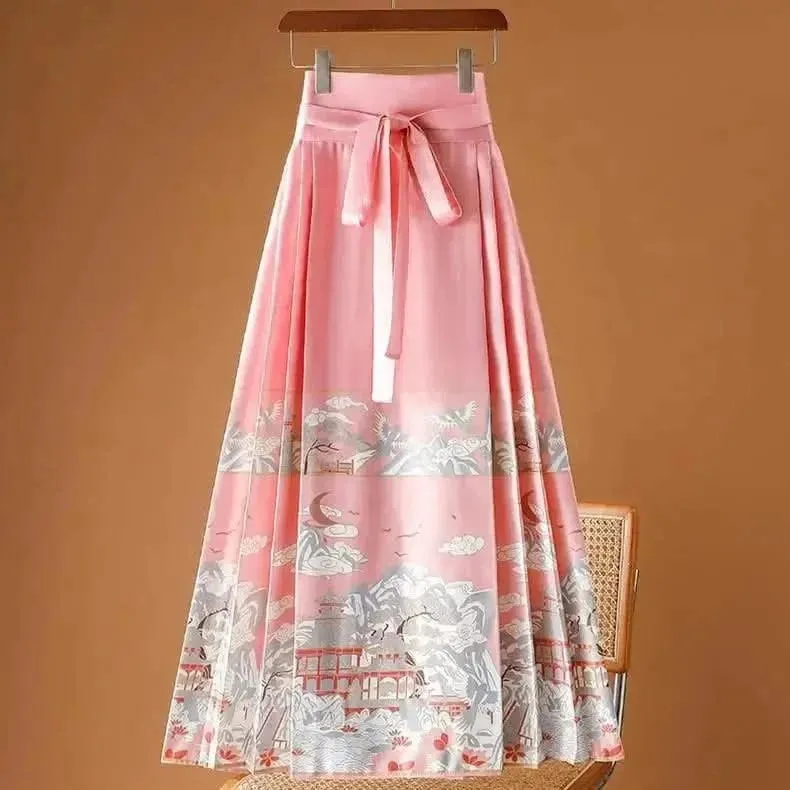 Elegant Chinese Style Pleated Maxi Skirt with Horse Face Print