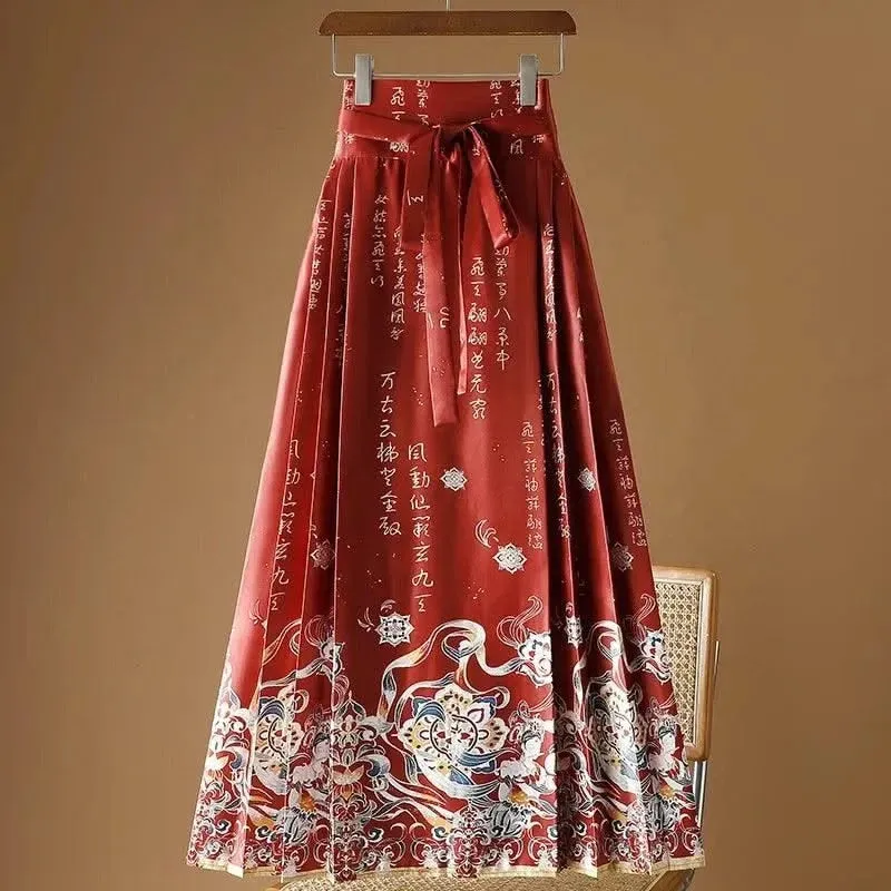 Elegant Chinese Style Pleated Maxi Skirt with Horse Face Print